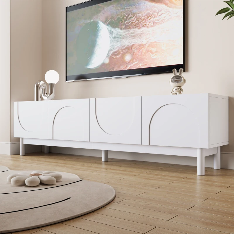 Modern black TV stand with red LED shelves beneath wall-mounted TV.