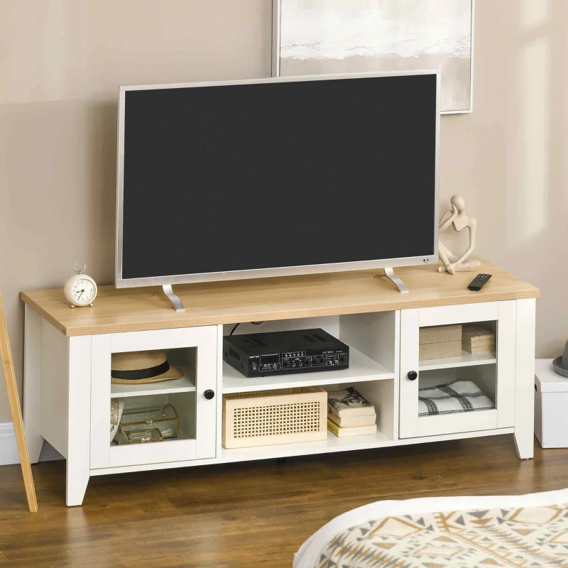 White wooden TV stand with glass doors and oak top in cozy room.