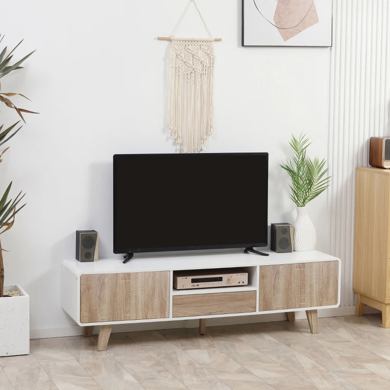 Contemporary TV stand with wood center panel and white ribbed side doors.