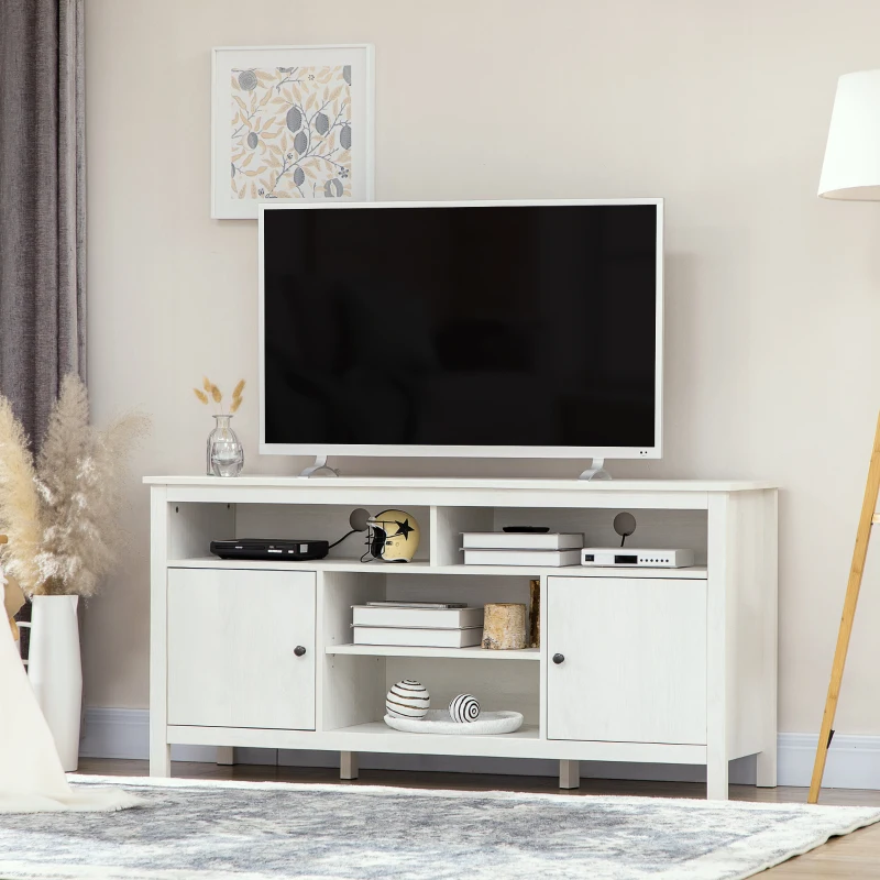 White wooden TV stand with open shelving and double side cabinets.