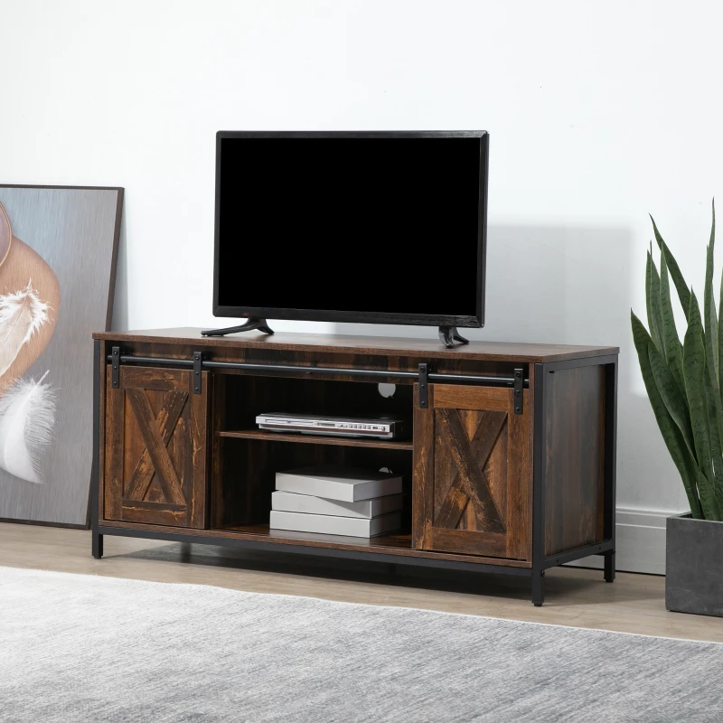 Rustic brown TV stand with black sliding barn doors and open shelves.