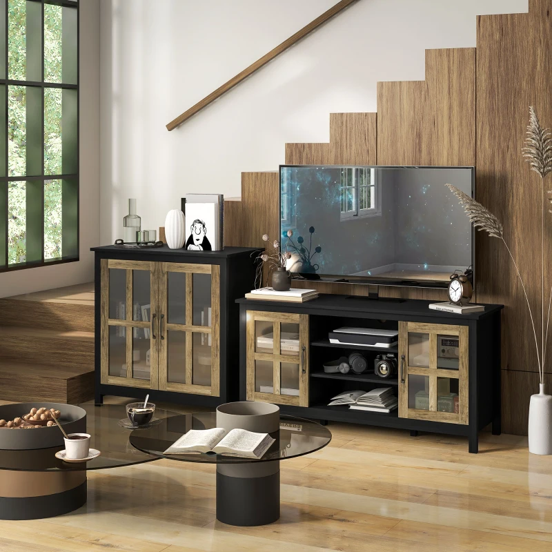 Mid-century modern TV stand with wood doors and open storage shelf.