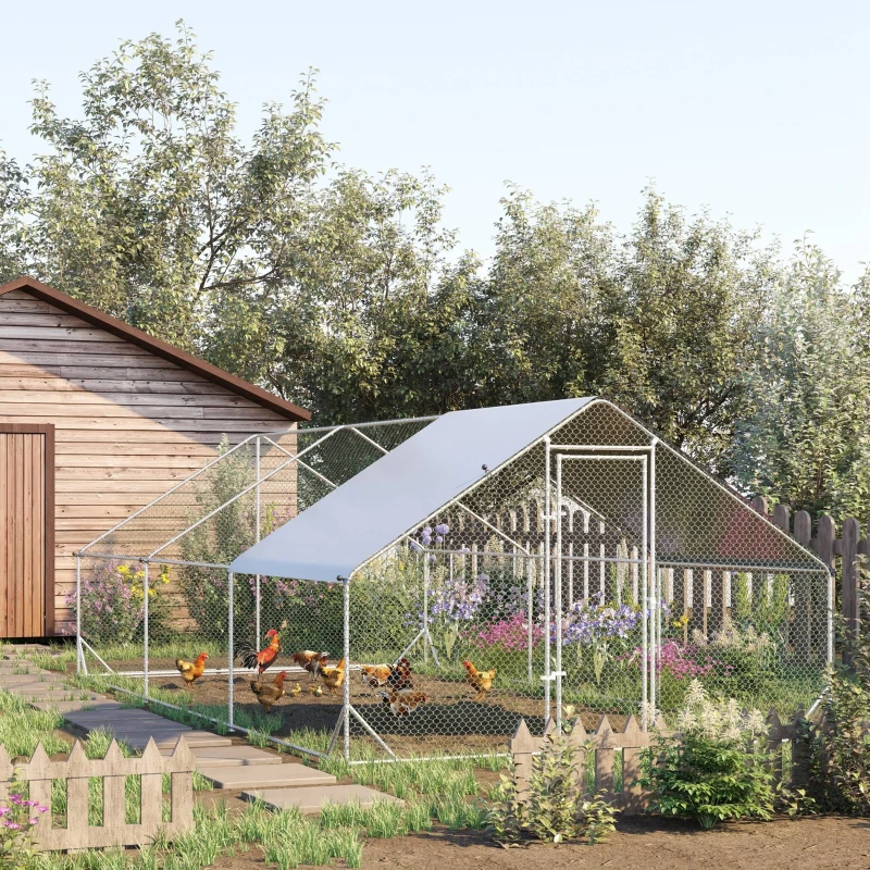 Spacious outdoor chicken run with arched metal roof and weatherproof shade cover.