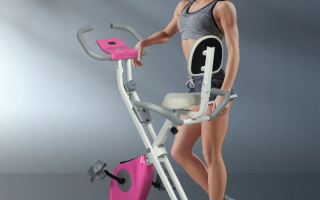woman posing beside foldable pink upright exercise bike in modern studio.