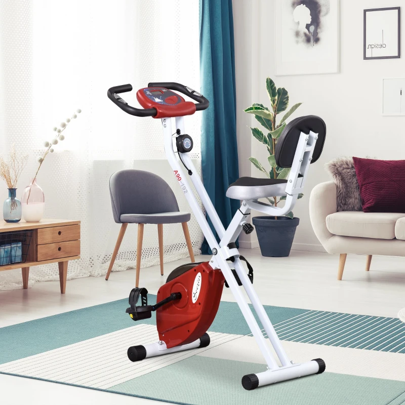 white and red foldable bike placed in bright modern living space.