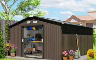 Modern dark grey metal shed with open doors showing organised shelves and garden equipment.