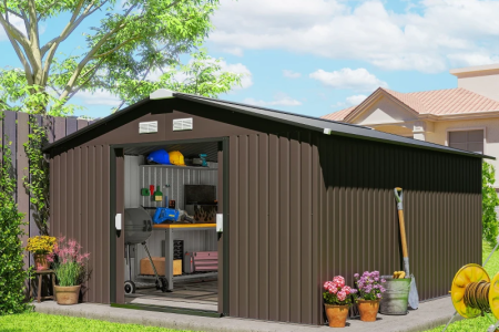 Modern dark grey metal shed with open doors showing organised shelves and garden equipment.