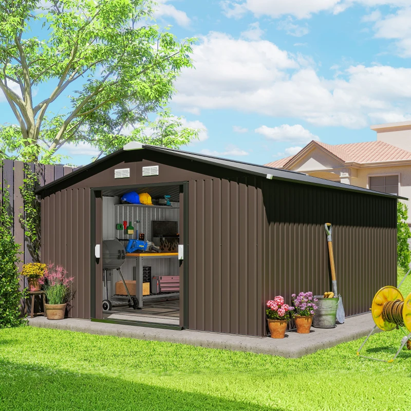 Modern dark grey metal shed with open doors showing organised shelves and garden equipment.
