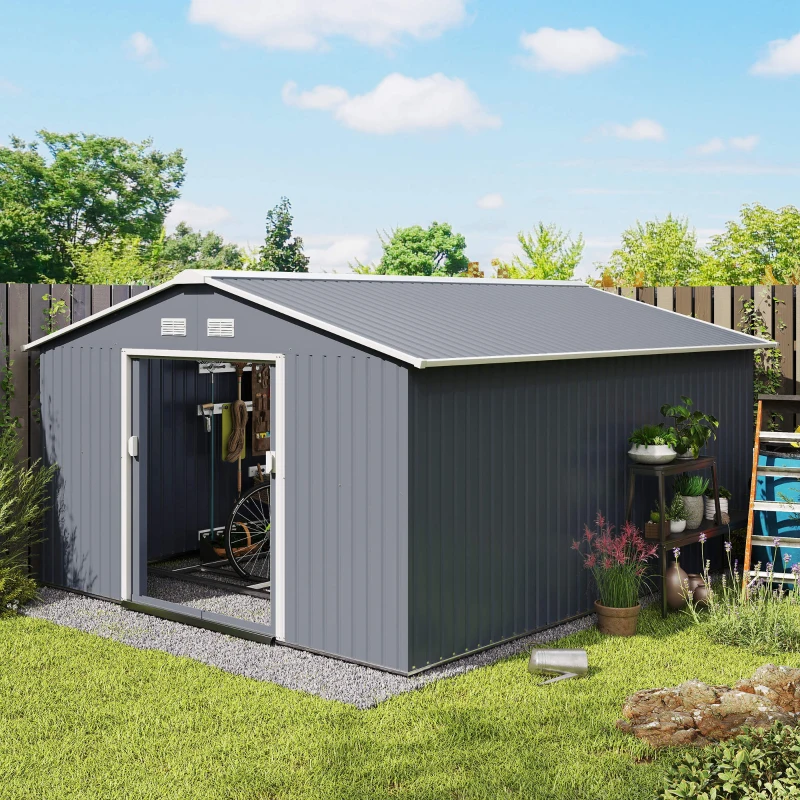Spacious grey metal garden shed in backyard with wide doors and a bicycle stored inside.