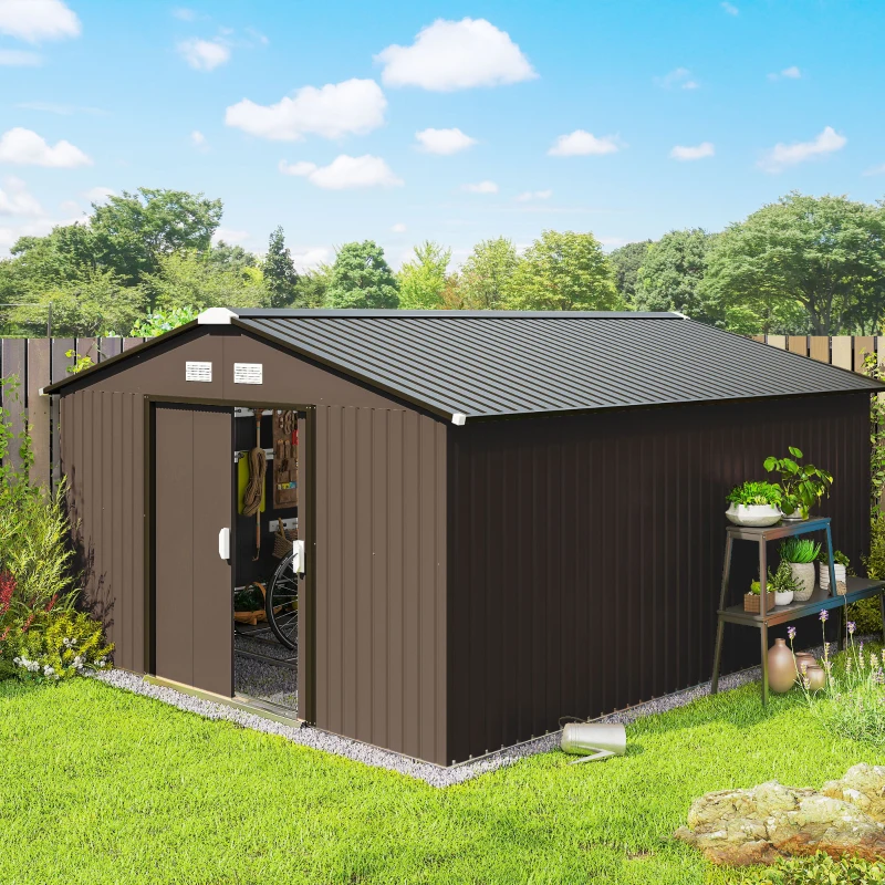 Spacious brown metal backyard shed with open doors showing tools and plants around it.