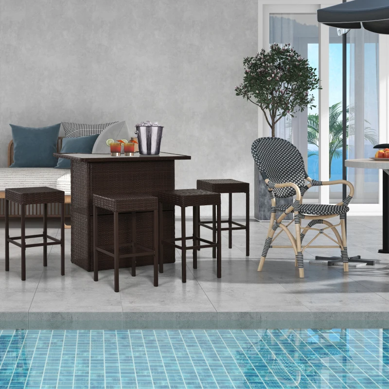 Brown rattan bar set with stools beside pool, perfect for outdoor drinks.