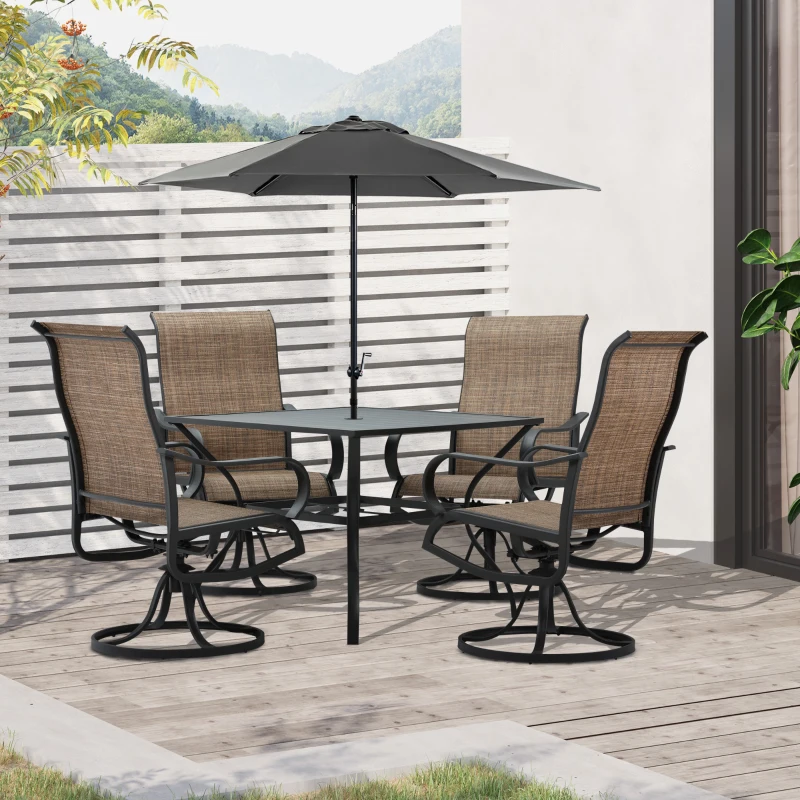 Swivel patio dining set with grey umbrella and mesh chairs on wooden deck.
