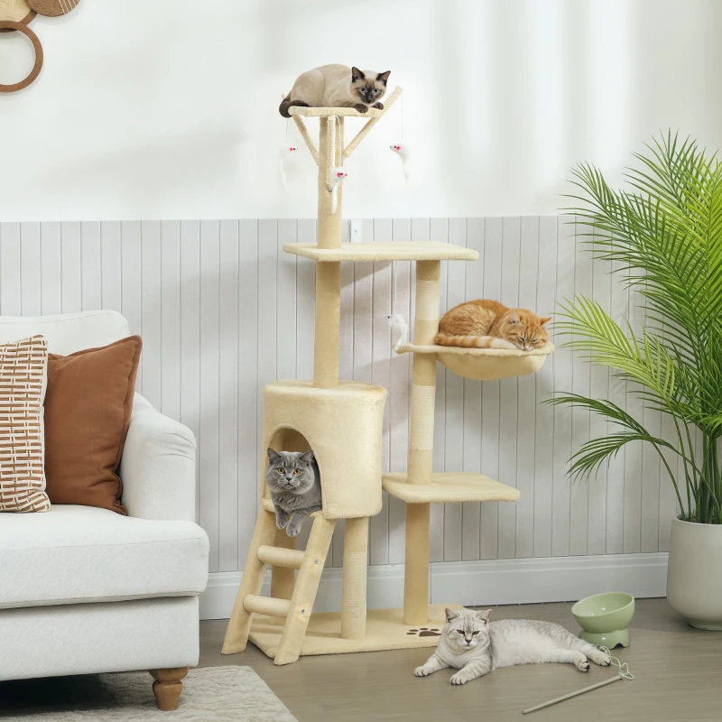 Multiple cats lounging on beige cat tree with hammock and ladder.
