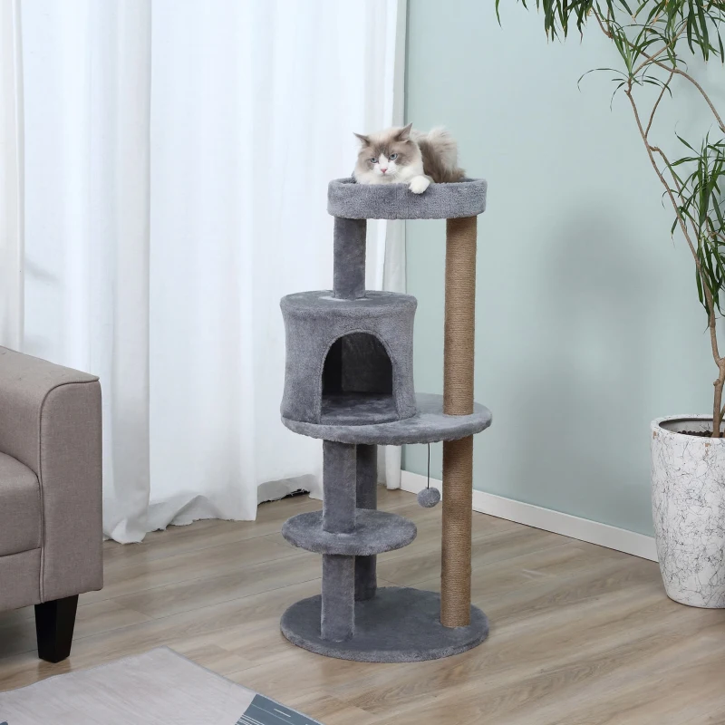 Grey three-level cat tower with condo and scratching post.
