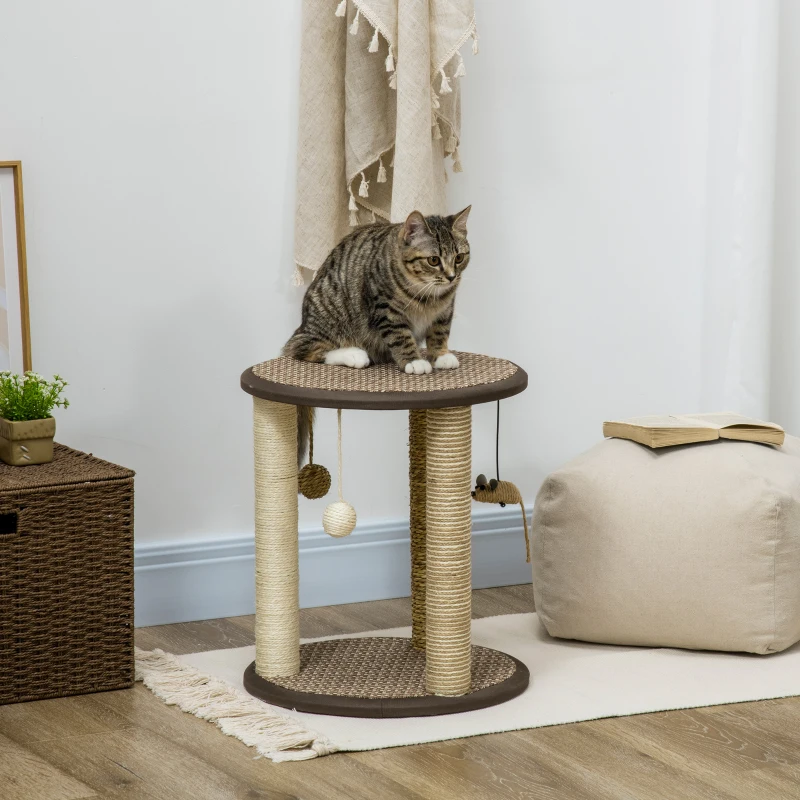 Small round cat tower with scratching posts and hanging toys.