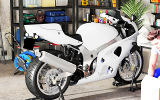 White sport motorcycle in organized garage with tools and storage shelves.
