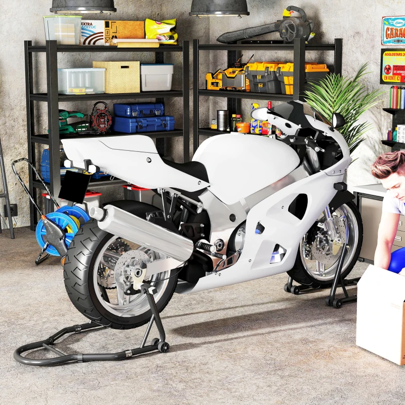 White sport motorcycle in organized garage with tools and storage shelves.