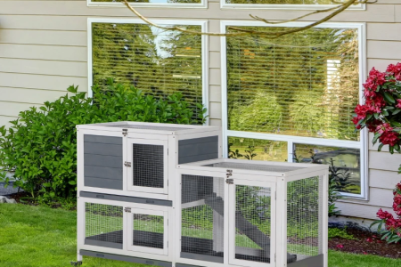 Modern two-tier grey and white rabbit hutch on garden lawn near house windows.