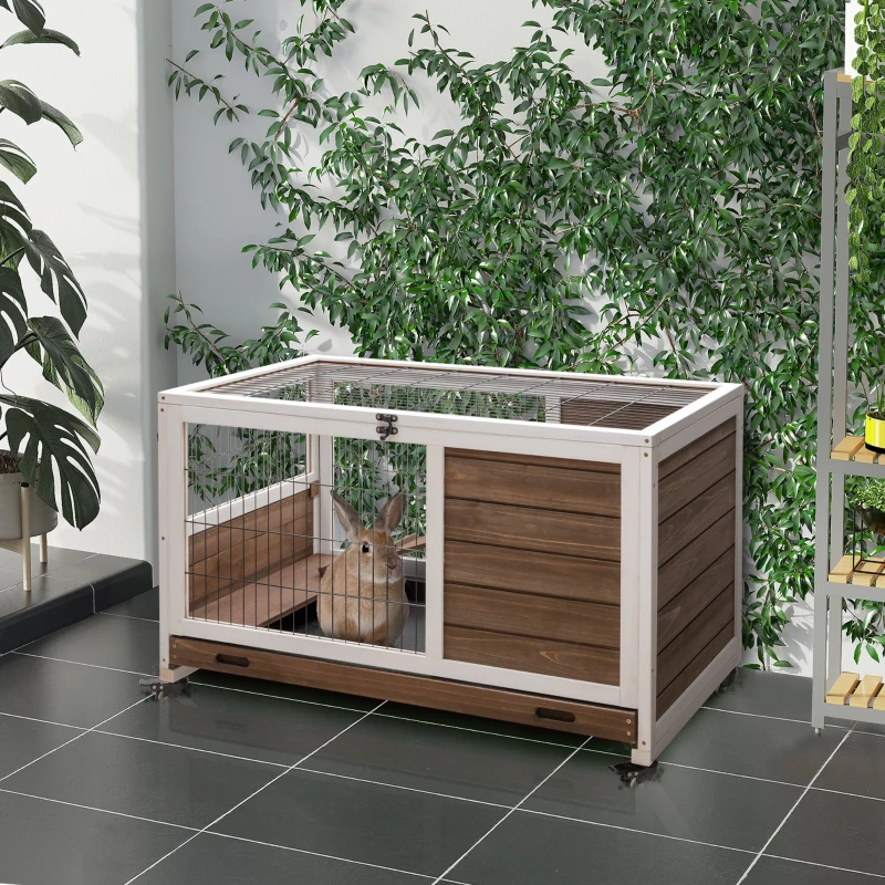 Compact indoor rabbit hutch with wooden panels and wire mesh beside leafy wall décor.