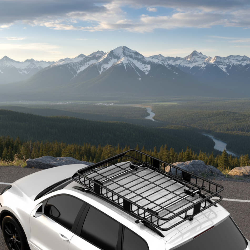 Black roof cargo basket mounted on SUV overlooking mountain valley.