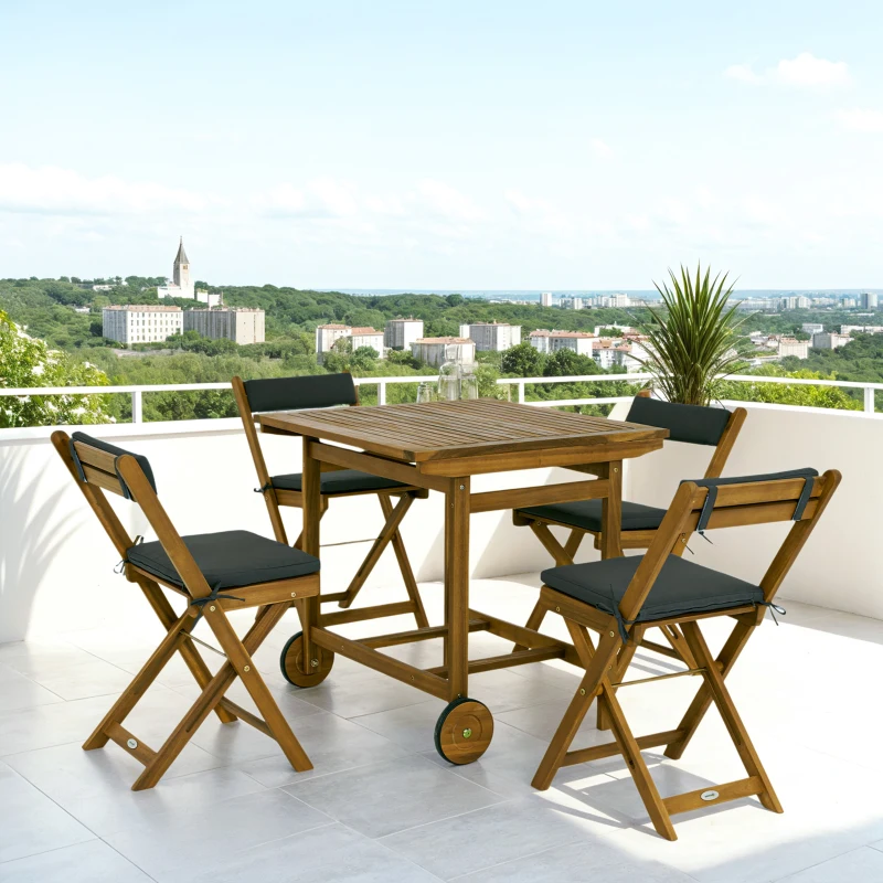Outsunny wooden 5-piece patio dining set with wheeled table and black cushioned chairs.