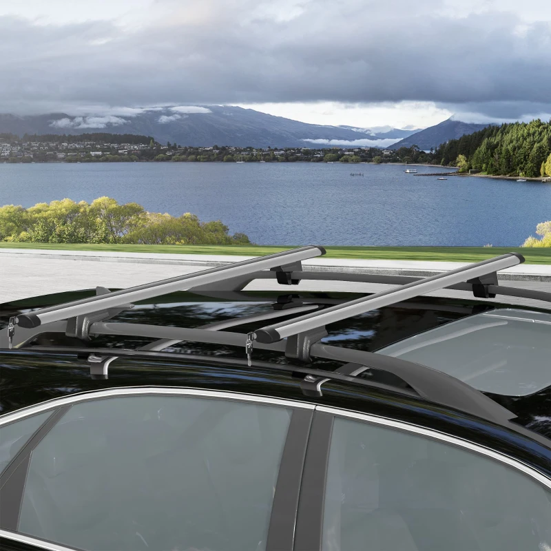 Lockable silver roof bars installed on black car near scenic lake view.