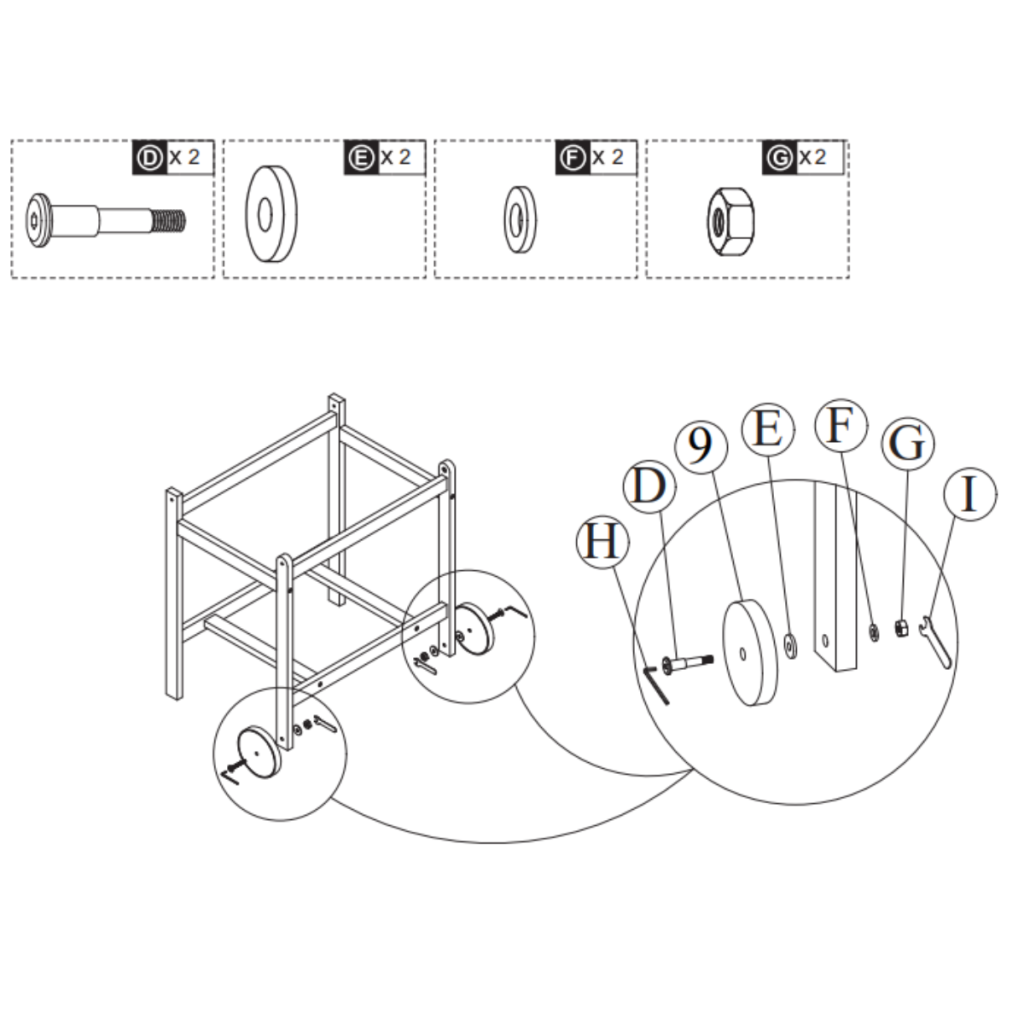 Assembly guide showing how to attach side wheels to the wooden patio table base.