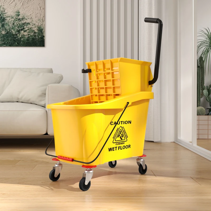 Smiling woman mopping living room floor using yellow mop bucket and wringer.