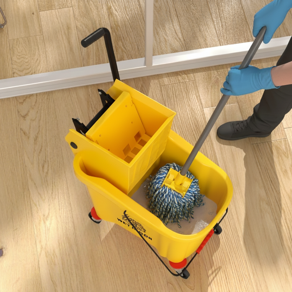 Worker wringing mop inside yellow bucket with gloves in bright clean room.
