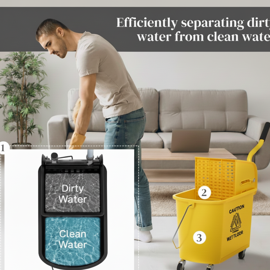 Diagram showing dual-compartment mop bucket separating dirty and clean water.