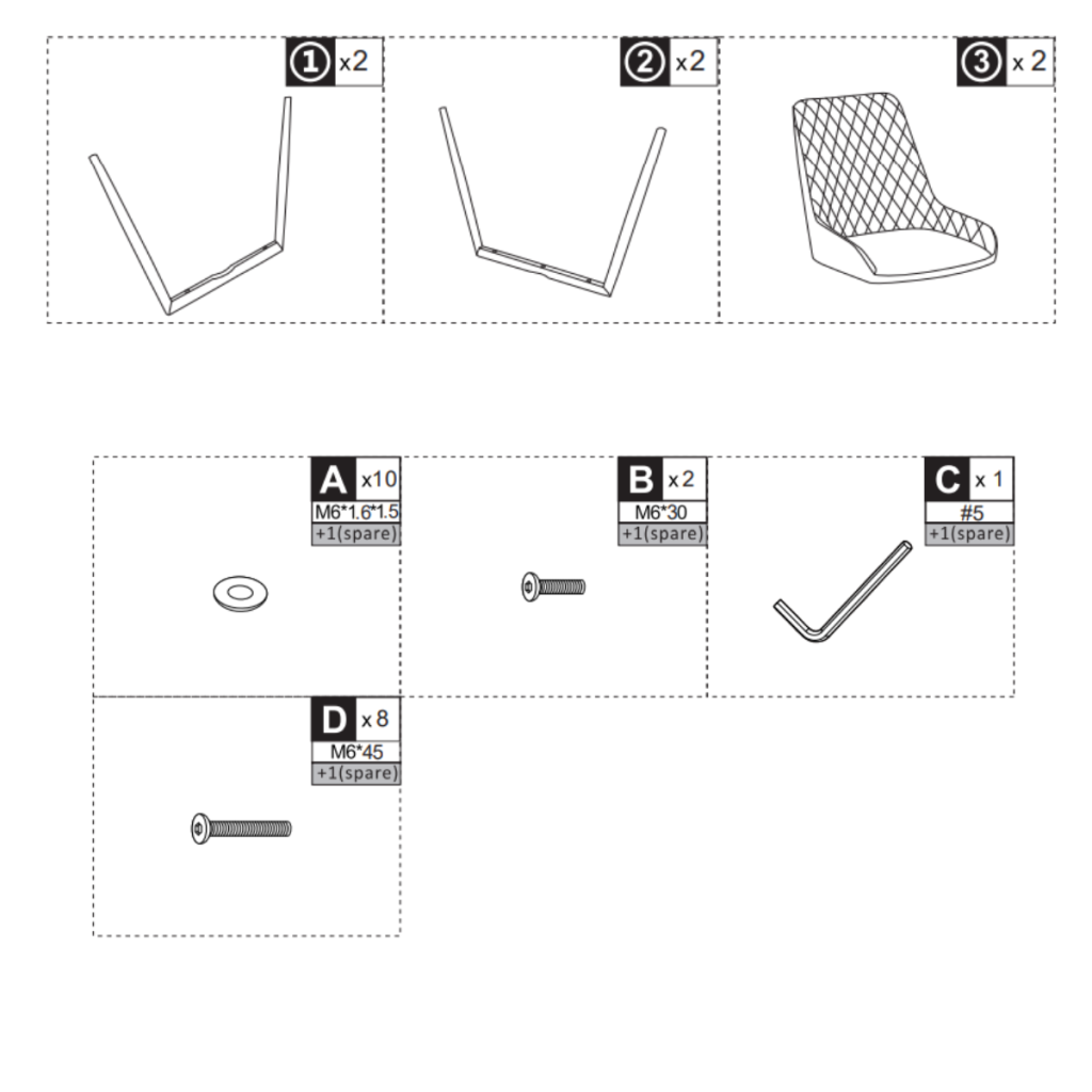 Parts and hardware list showing leg frames, seat sections, bolts, washers, and Allen key.