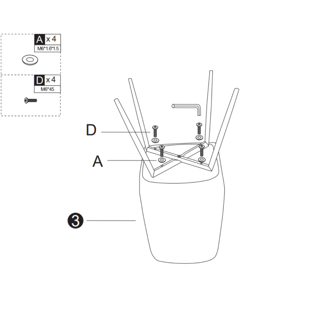 Diagram showing how to attach chair legs to the upholstered seat using bolts and washers.