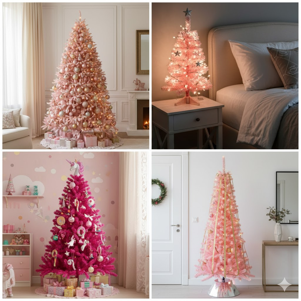Four pink Christmas tree styles including blush, bright, tabletop, and modern minimalist designs.