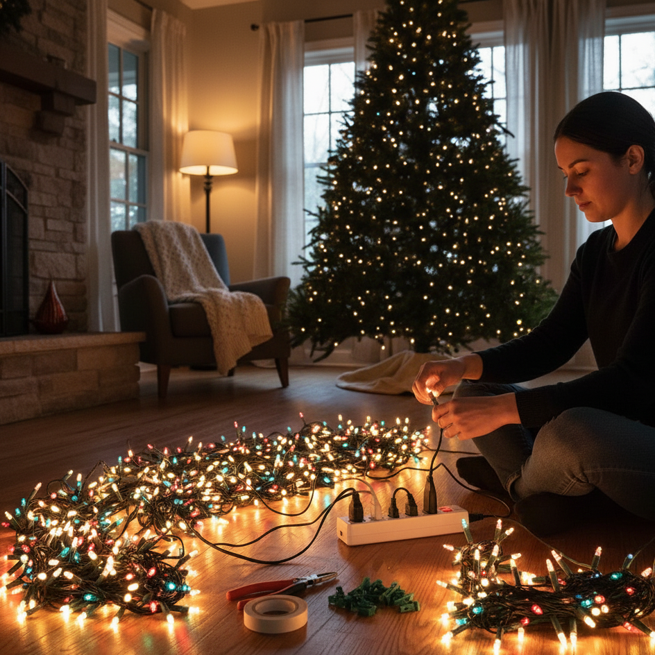 Person testing LED Christmas lights on floor before decorating tree.