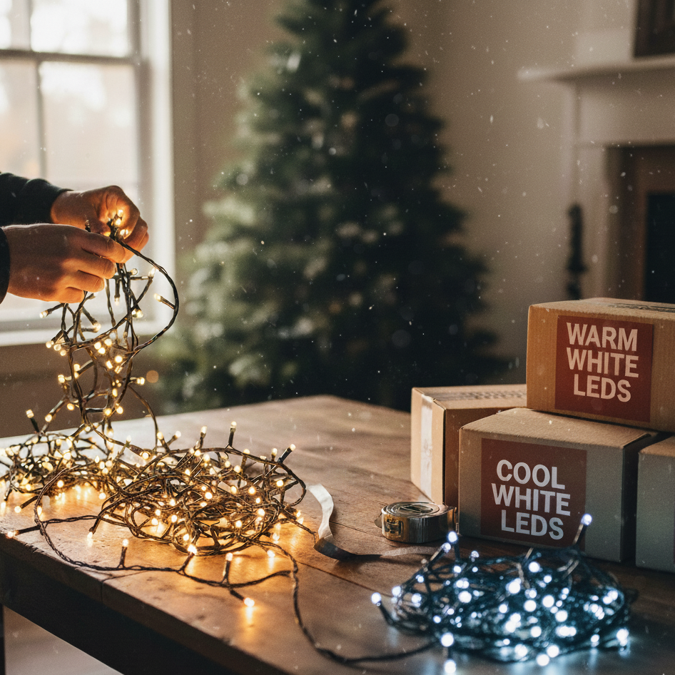 Warm and cool white LED Christmas lights with boxes labelled for different tones.