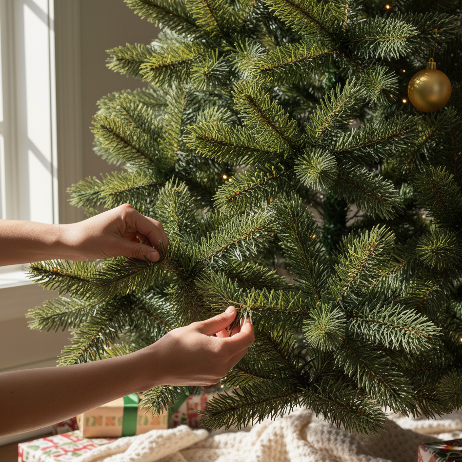 Hands adjusting branches of artificial Christmas tree near wrapped gifts.