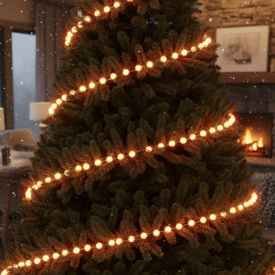 Close-up of Christmas tree wrapped evenly with glowing string lights.