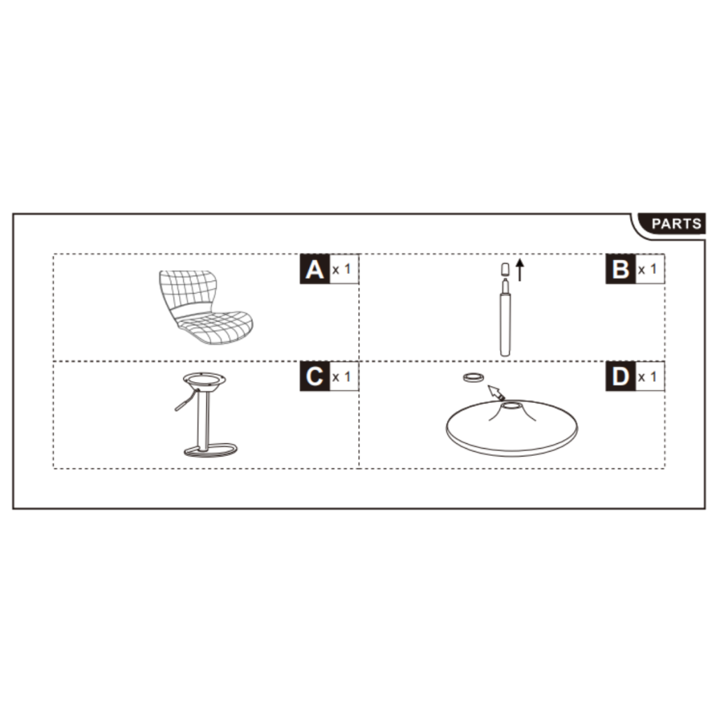 Illustrated parts diagram showing the seat, gas lift, footrest, and base for the bar stool.