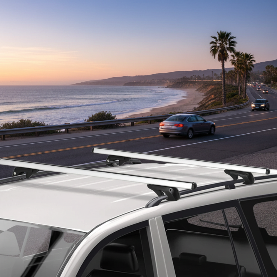 Silver car roof rack cross bars on SUV driving by coastal highway.