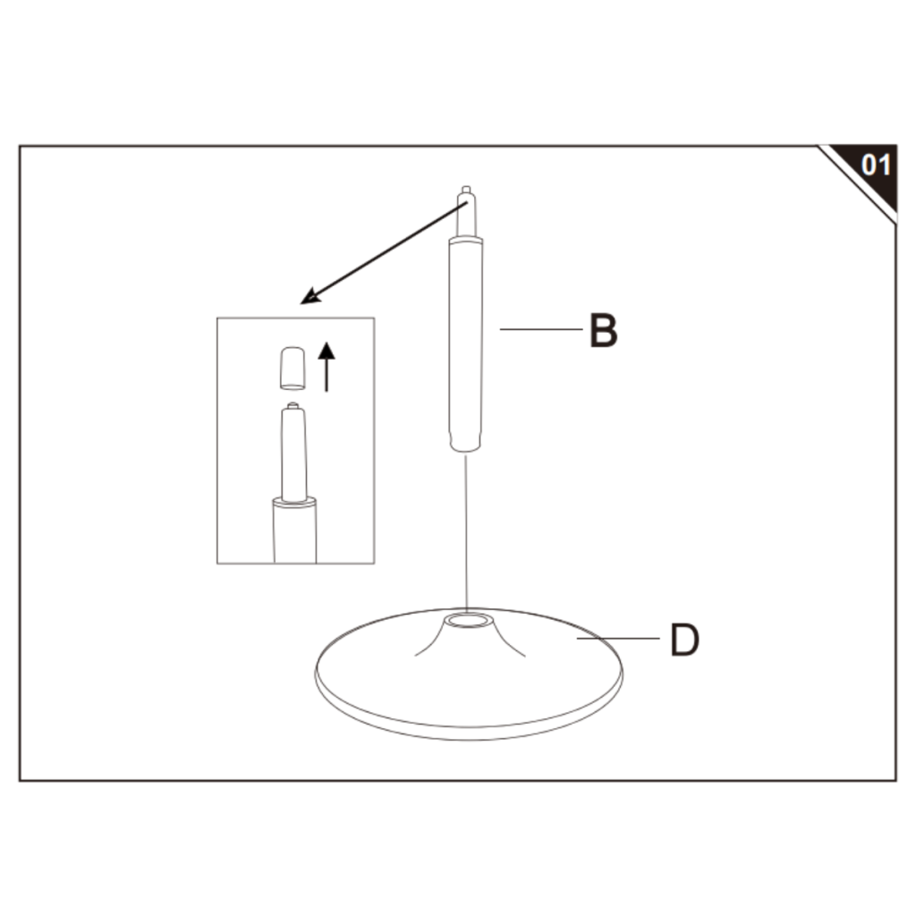 Diagram showing how to insert the gas lift into the stool base before assembly.