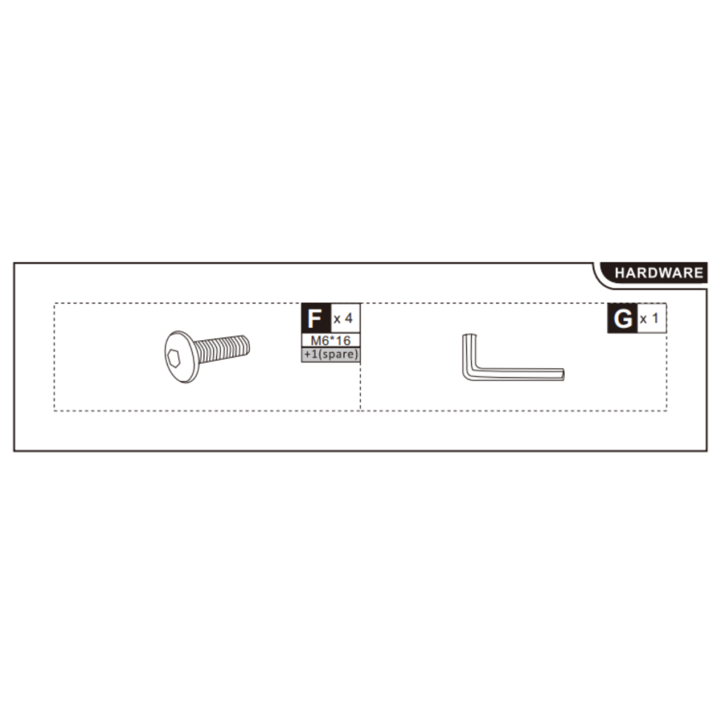 Visual layout of included hardware showing screws and Allen key required for assembly.