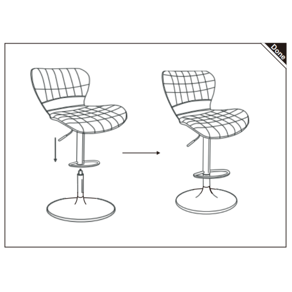 Illustration showing the final assembly of a bar stool, attaching the seat to the gas lift and base.