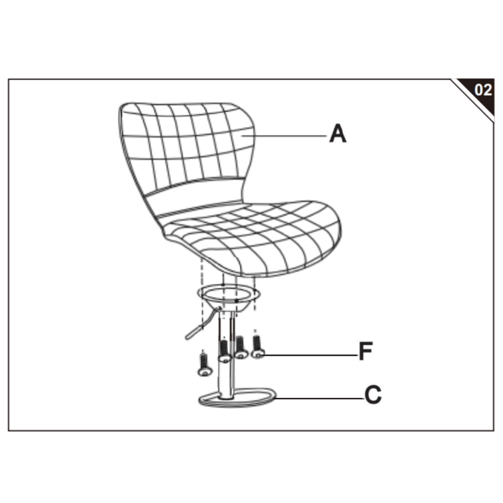 Step-by-step image displaying how to connect the seat to the gas lift support with screws.