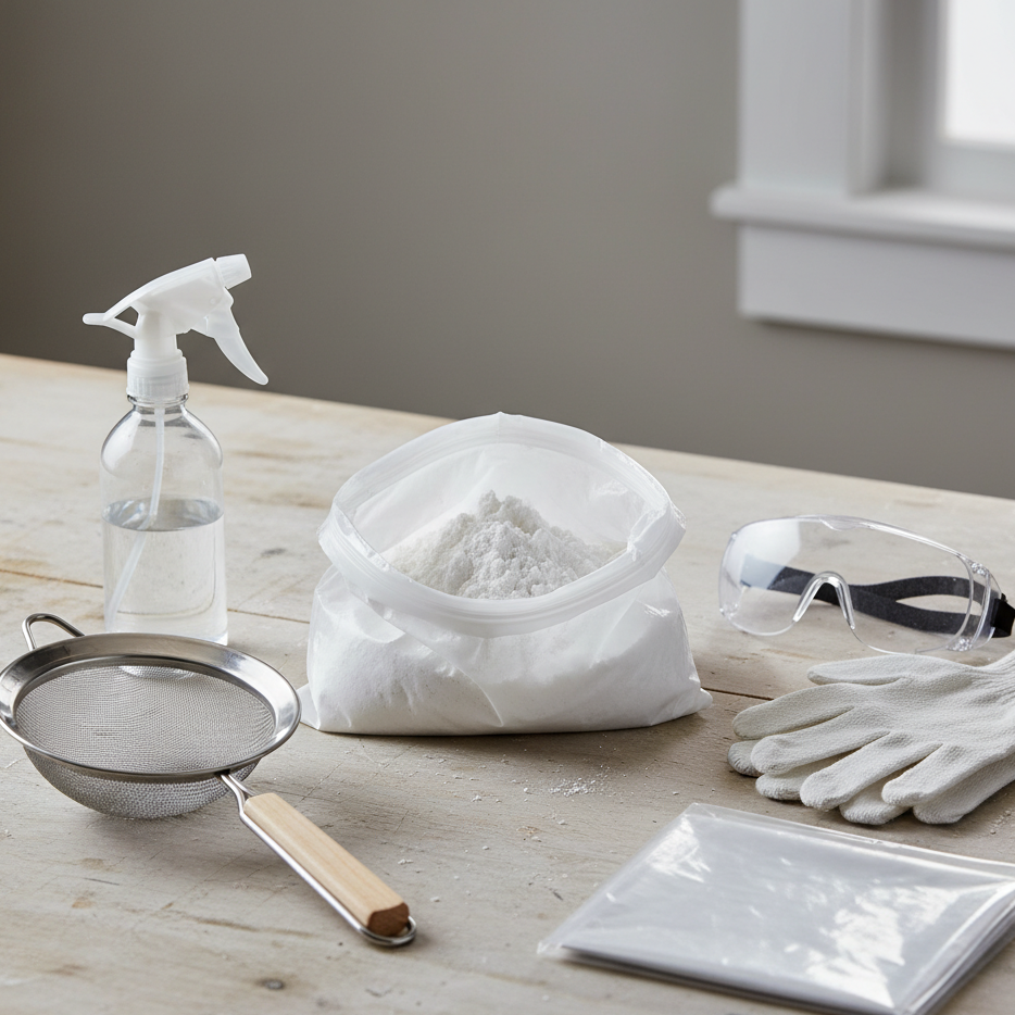 Frosting supplies including spray bottle, powder, gloves, goggles, and mesh sifter on table.