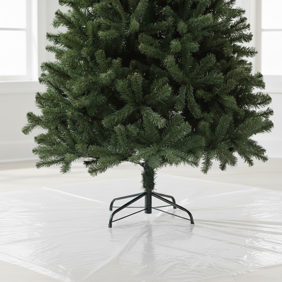 Christmas tree base on plastic sheet ready for frosting preparation.