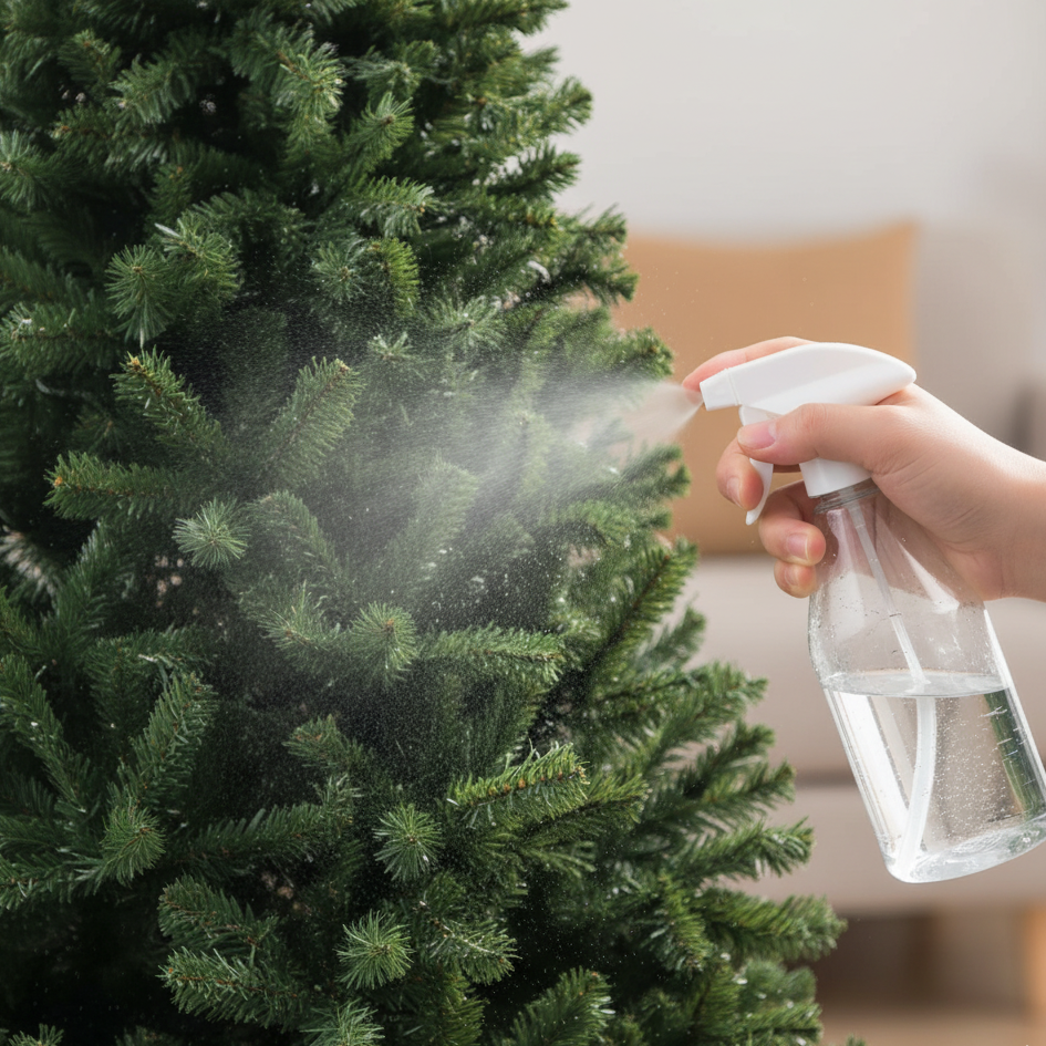 Hand spraying water onto Christmas tree branches for better flocking adhesion.