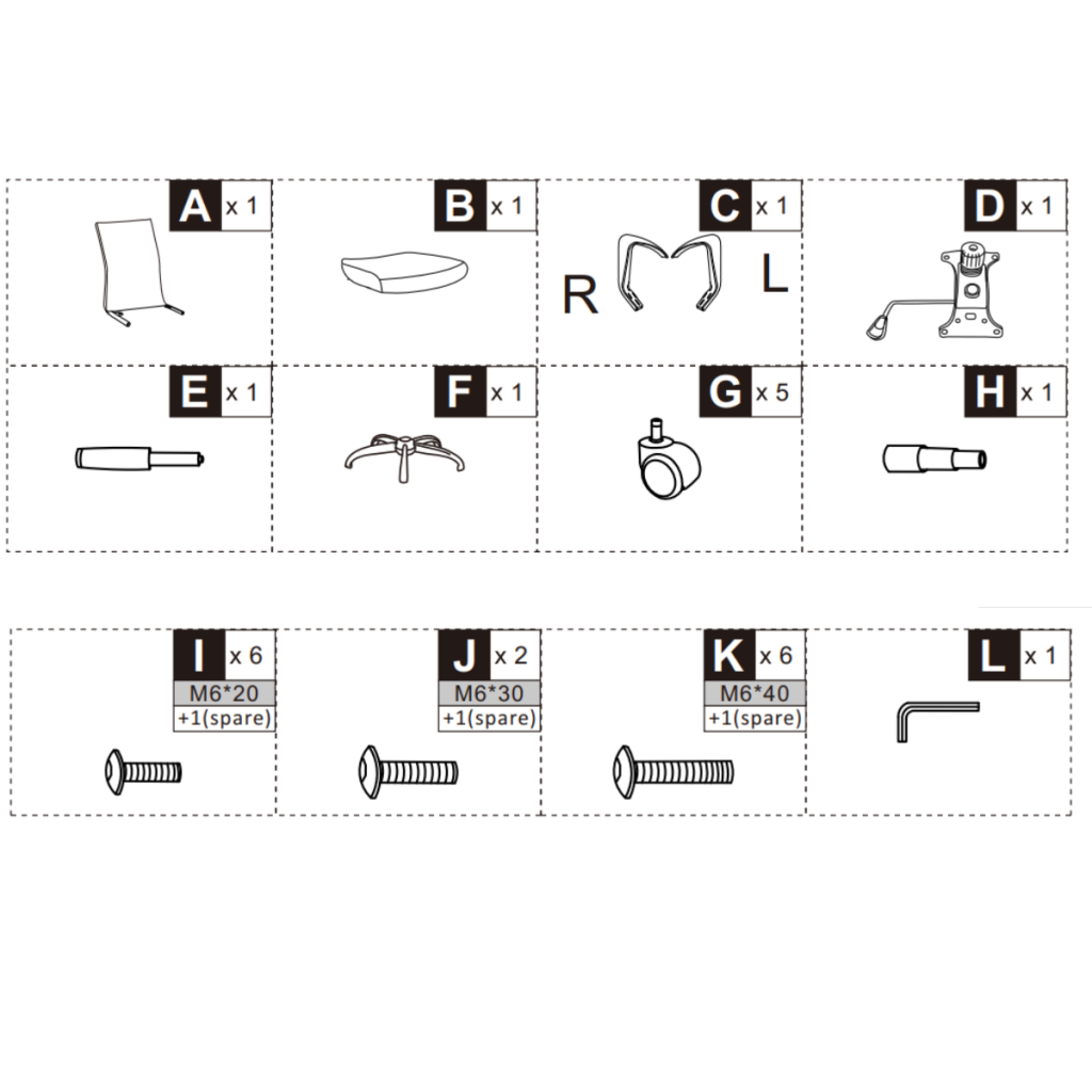 Office chair assembly parts and hardware layout with labeled screws, base, and casters.