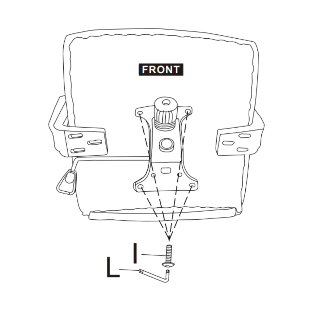 Secure tilt mechanism under seat cushion with bolts and Allen wrench.