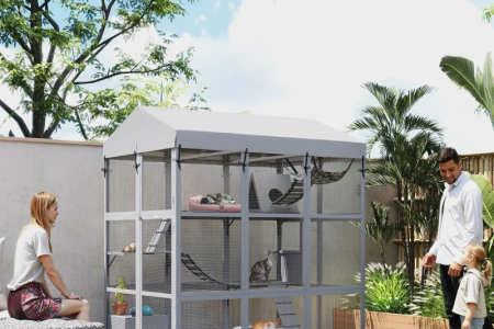 Outdoor wooden catio with canopy roof, ramps, hammocks, and cats resting in a garden space.