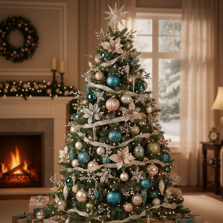 Elegant Christmas tree with teal and gold ornaments near cozy fireplace